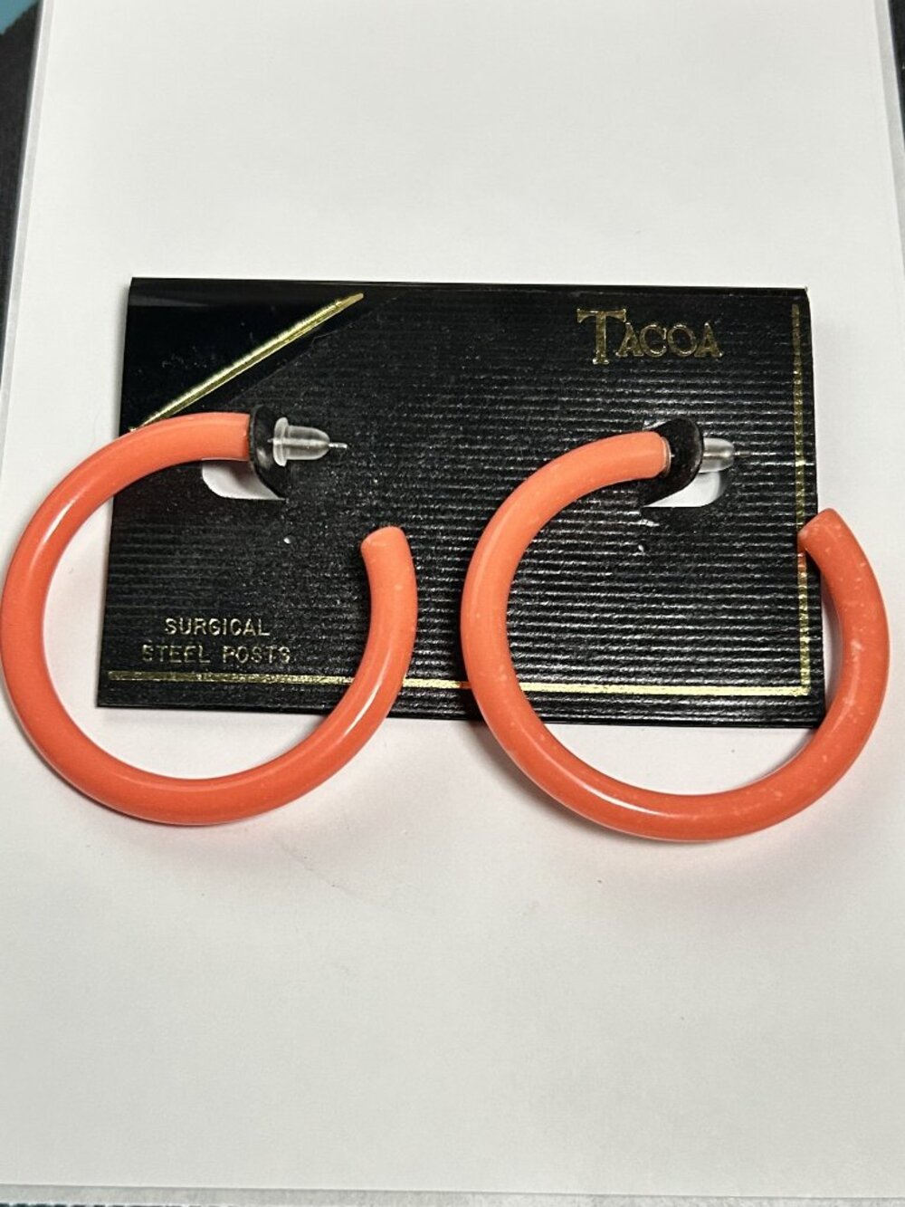Vintage TACOA Coral Peach Lucite Hoop Earrings Surgical Steel NOS